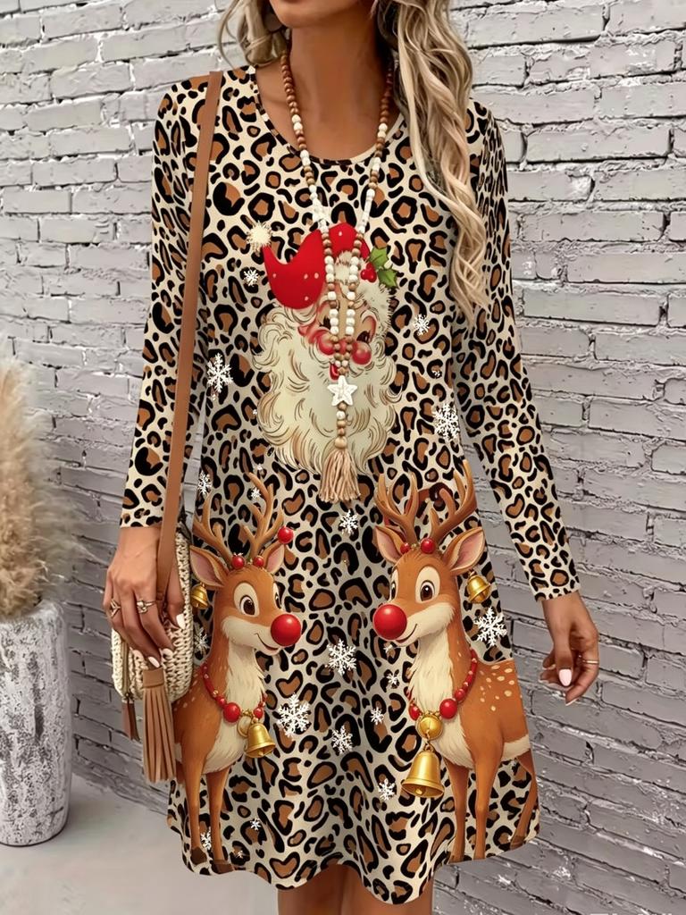 2026 Autumn/winter European and American Style Loose Casual Dress, 3D Leopard Print, Plus Size Dress