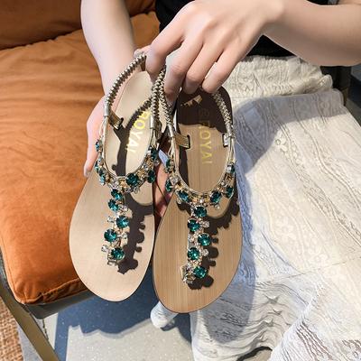 Women's Thong Flat Rhinestone Sandals With Ankle Strap Summer Casual Dressy Sandals for Women Anti-Slip Low Heel Bohemian Beach Flip Flops Sandals
