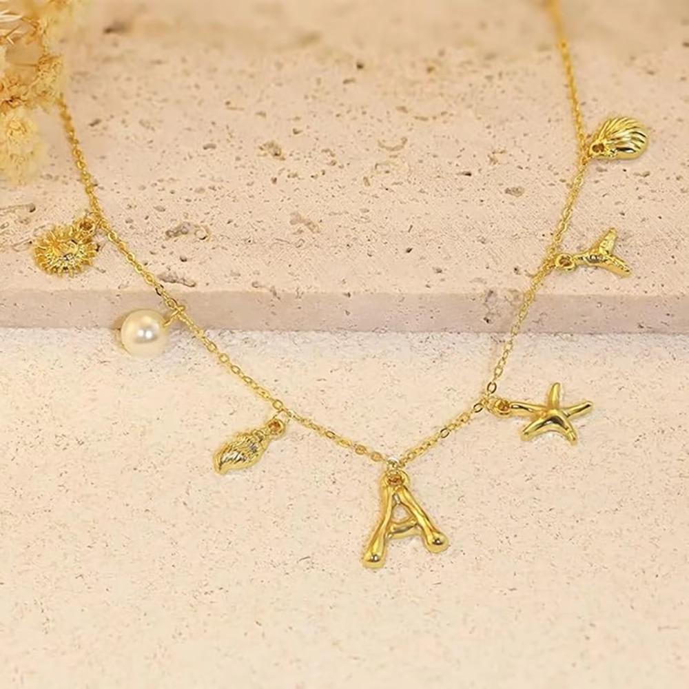 Copper Letter Pendant Necklace Gold Color Pearl Choker Personality Shell Necklace  Women