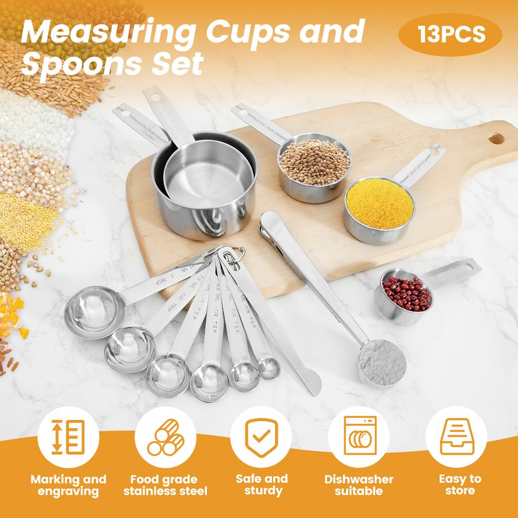 13 Pcs Measuring Cups and Spoons Set Stainless Steel Measuring Spoons and Cups Stackable Measuring Spoons Set for Dry or Liquid