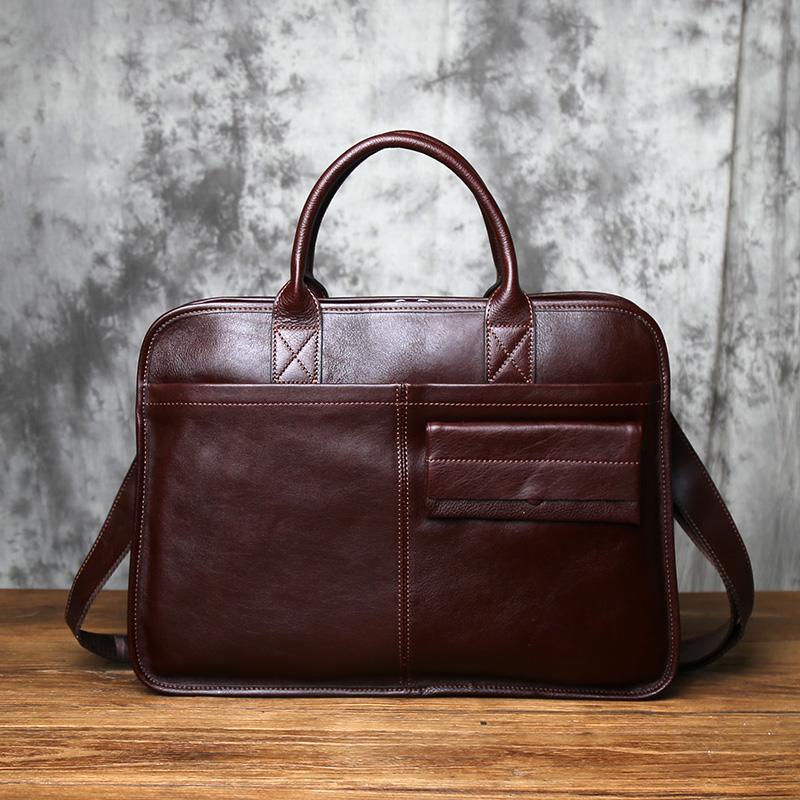 NZPJ Men's Leather Briefcase Retro Top Layer Cowhide Large Capacity Handbag European and American Fashion Shoulder Computer Bag