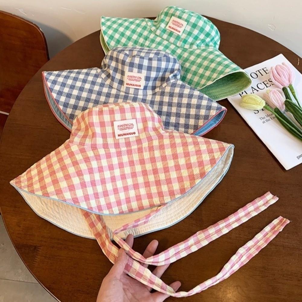 Korean Style Fisherman Hat Versatile Large Brim Sun Cap New Plaid Bucket Hat  for Summer Travel