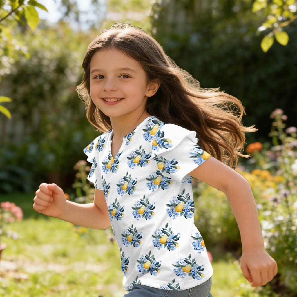 Girls V Neck Ruffle Sleeve Floral Print Short Sleeve T Shirt Casual Blouse Lightweight Summer Top for Kids