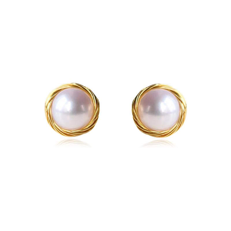 Hand-Woven Vintage Silver Stud Earrings with Freshwater Pearls 