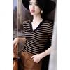 2025 Spring Women's V-Neck Striped Pullover T-Shirt with Half Sleeves