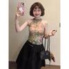 Women's Halter Sleeveless Top Watercolor Floral Print Ruched Slim Fit Casual Fashion Blouse