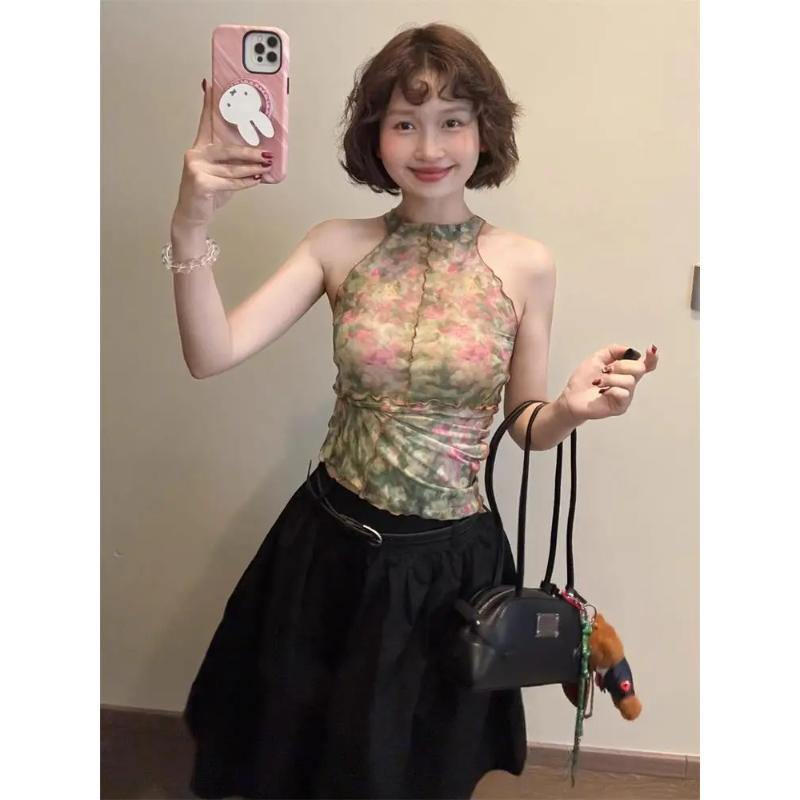 Women's Halter Sleeveless Top Watercolor Floral Print Ruched Slim Fit Casual Fashion Blouse