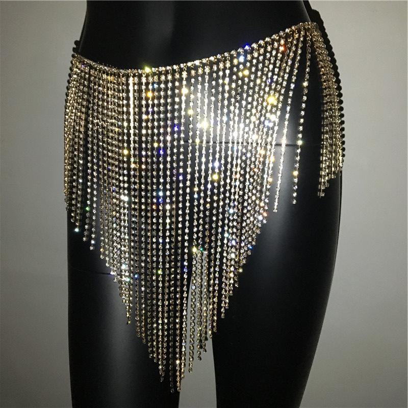 Drop Shipping Crystal Cami Belly Waist Chain Metallic Fringe Skirt Rhinestone Encrusted Dangle Belly Chain