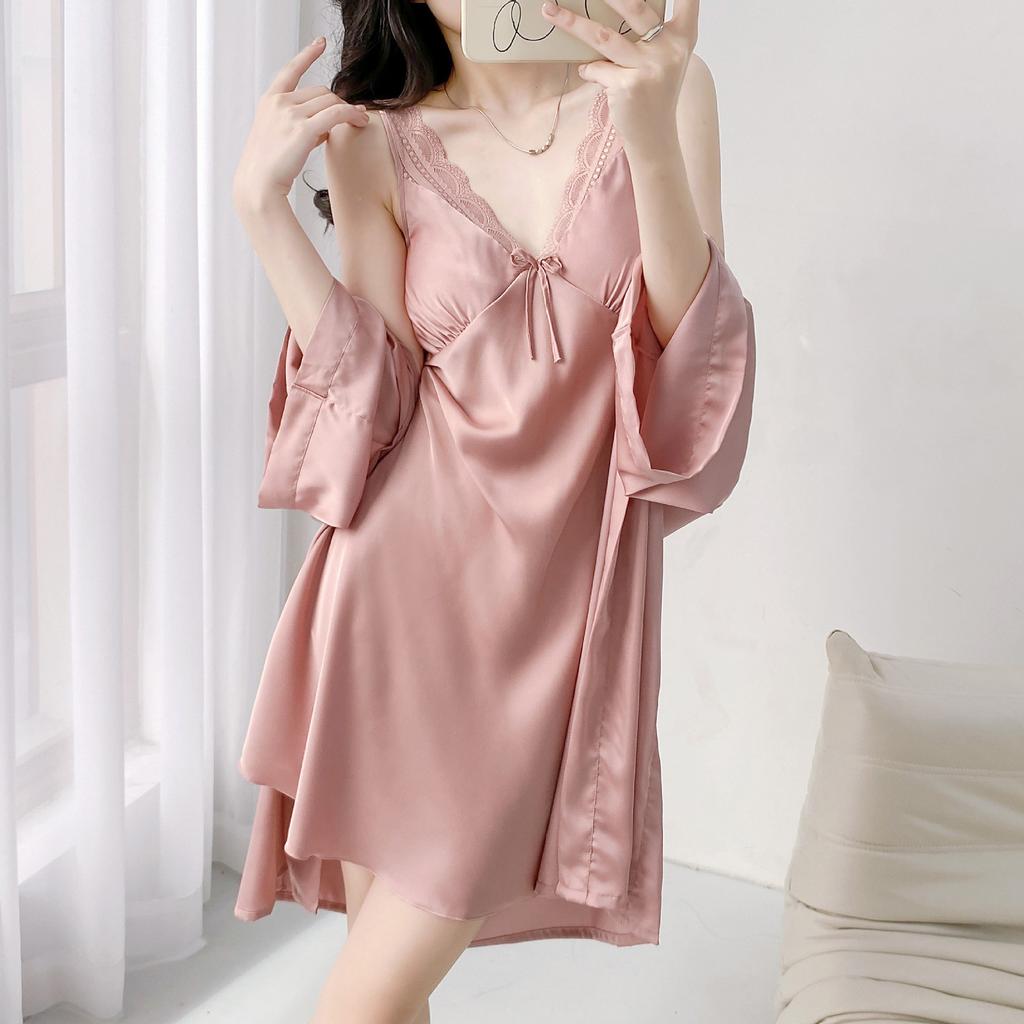 Sexy Spitzenbesatz Schleife Sling Nachthemd Robe Anzug Braut Hochzeitskleid Set Damen Elegant Nachthemd Frühling Herbst Neu Kimono Bademantel