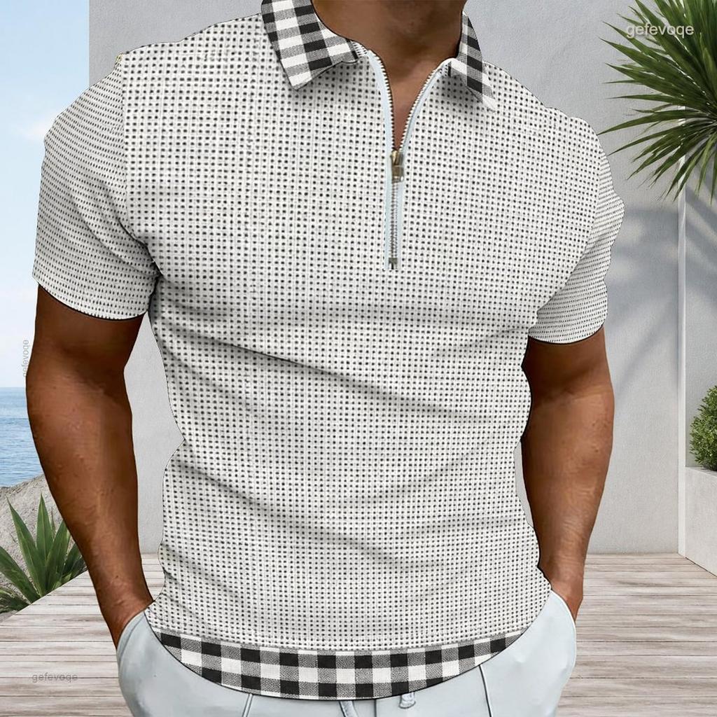 Men s Plus Size Grey Short Sleeve Quarter Zip Printed Plaid Collar Polo Shirt