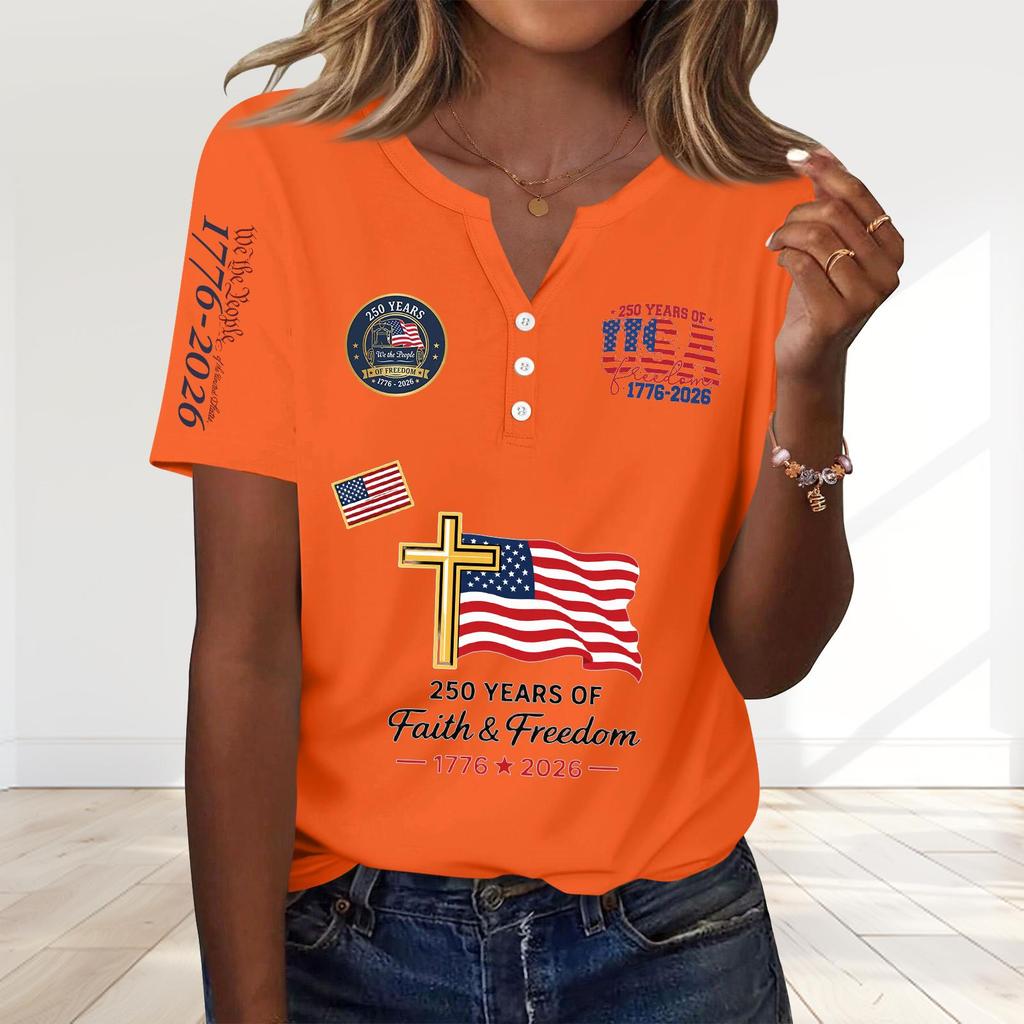Women's Fashion Casual 250th Anniversary Independence Day Print V-Neck Short Sleeve Decorated Button-Up T-Shirt