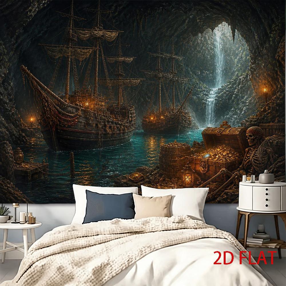 2D Flat, 2D Flat Print 1pc Tapestry Mysterious Pirate Treasure Ship Cave Wall Hanging Art Wall Background Cloth, Creating Romantic And Soft Atmosphere