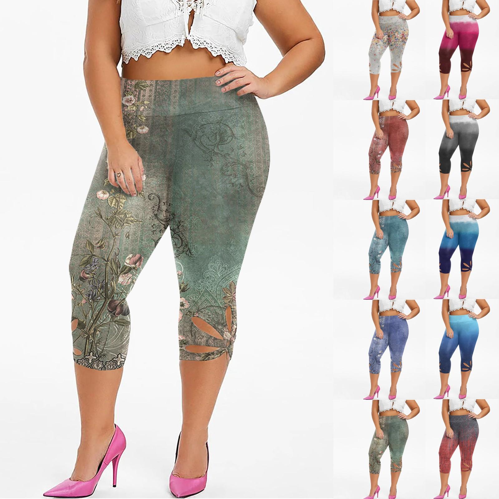 

Женские тонкие модные повседневные брюки с принтом, эластичные укороченные брюки с полыми лепестками снизу