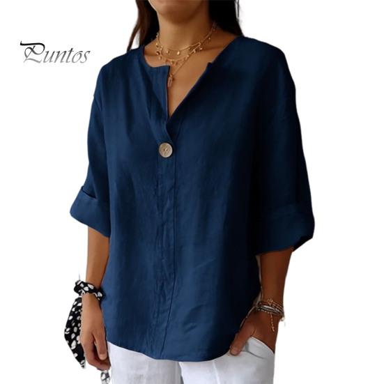 

Женская рубашка с V-образным вырезом, декором на пуговицах, рукавом 3/4, свободный крой, базовый вырез, однотонная летняя рубашка S темно-синий