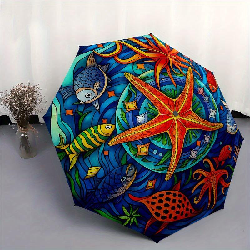 Underwater Paradise: Vibrant Sea Life Stained Cute Window Panel Umbrella, Cute Umbrella with Cute Design, Portable 3-Fold Compact Umbrella for Men & W