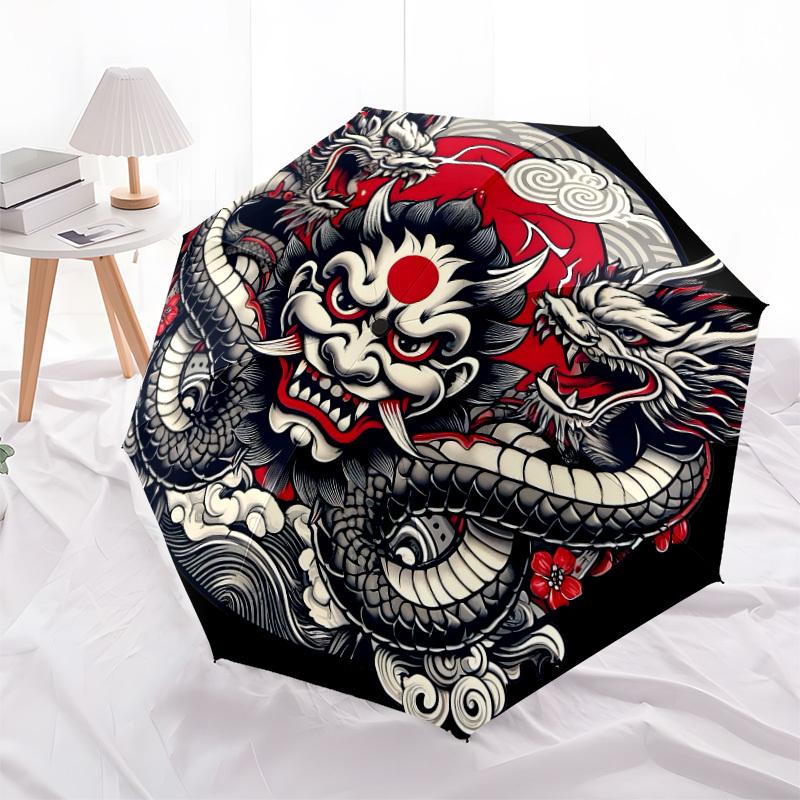 1pc Japanese Demon Mask with Dragons Umbrella with Plastic Handle,Suitable for All Seasons Home Travel Outdoor UmbrellaDD1058