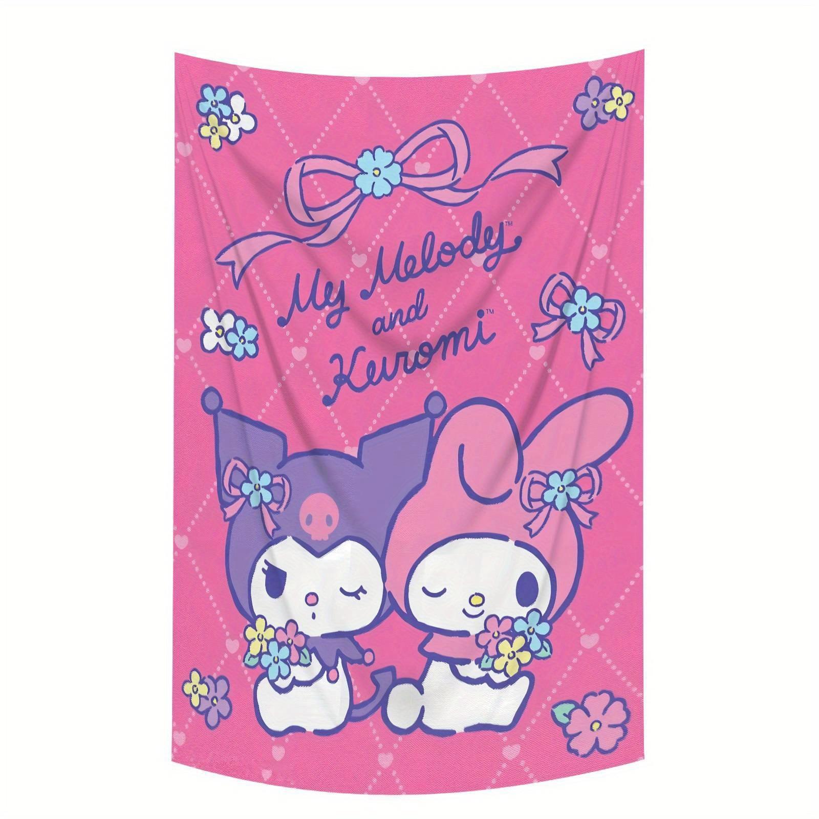 

Гобелен с принтом My Melody и Black Beauty, синий и фиолетовый, мультяшные персонажи, цветочные украшения, идеально подходит для гостиных или 74x94cm(29x37in)