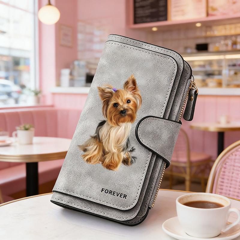 1PC Yorkshire Terrier Women's Long Wallet Tri - fold Card Holder with Multiple Slots Printed Zipper Card Wallet Cash ID Credit Card Organizer for