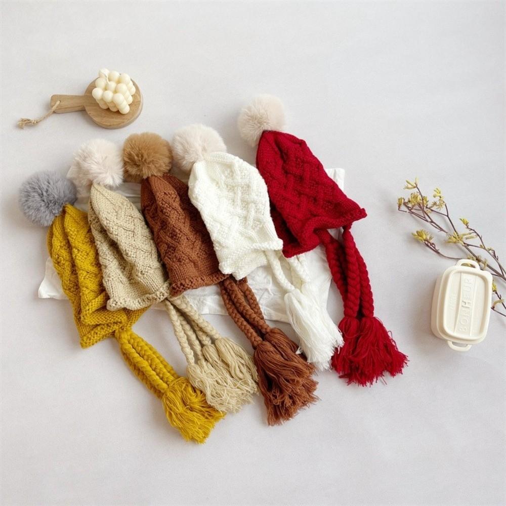 Cute Autumn Winter Baby Crochet Hat Pom-pom Tassel Pigtail Hand Knitted Cap Outdoor Soft Warm Ear Protection Cap Boys Girls