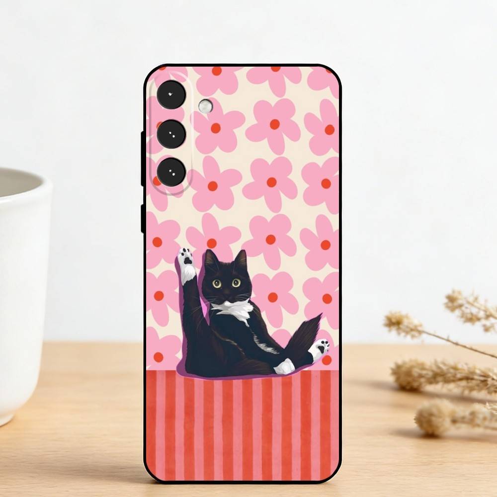 C-Cute Black White Cat   Phone Case For Samsung Galaxy A73,A72,A71,A70,A53,A52,A51,Others Soft Black Cover