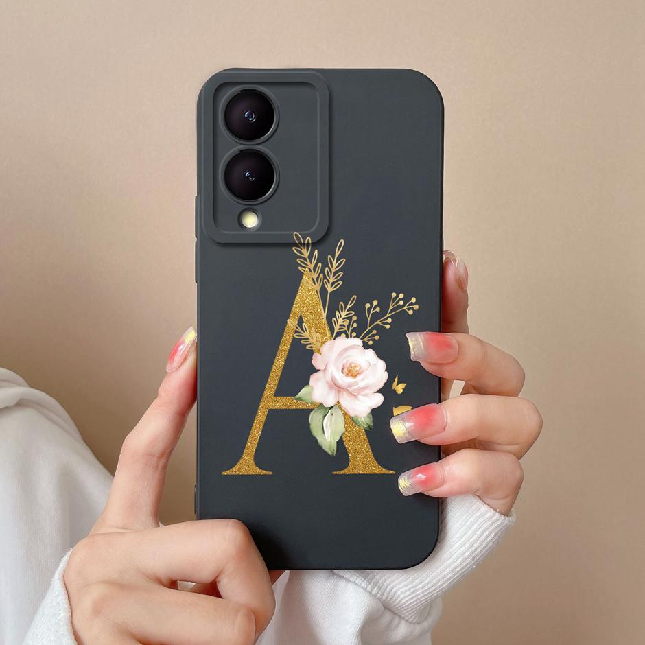 Case For VIVO Y17S 4G A To Z Cute Flower Letter Pattern Smooth Liquid Silicone Shell For VIVOY17S Y17s 4G Fashion Couple Fundas