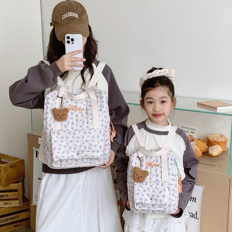 Kid Cotton Quilted Backpack With Floral Prints For School And Travel