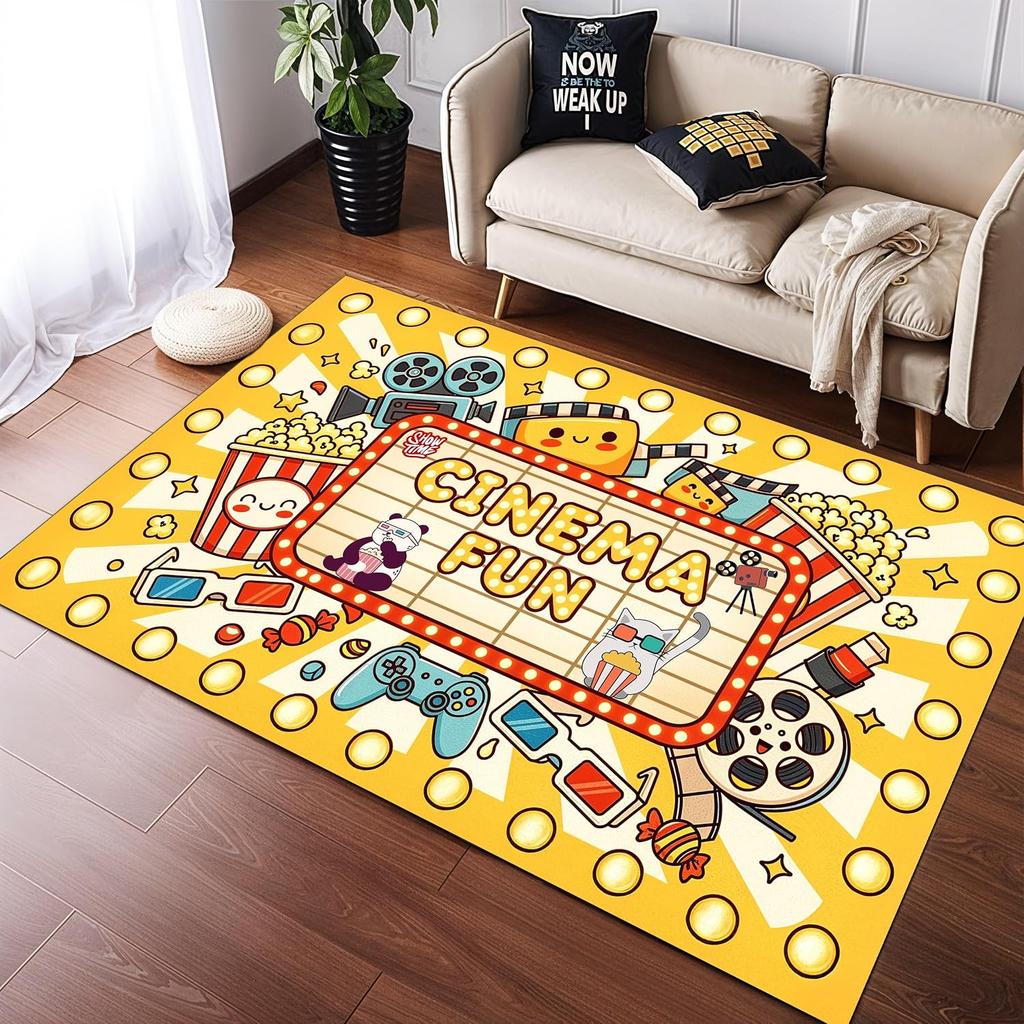 Movie Night Cinema Washable Rug, Soft Non-Slip Carpet for Home Theater Living Room, Retro Pop Culture Decor Floor Mat