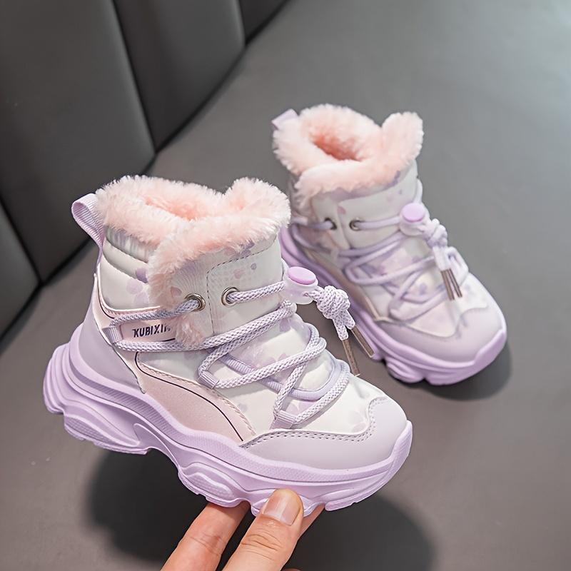 Cute Snow Boots Warm Cozy Girls Winter Snow Boots High Top Sneakers Elastic Lace Closure Fleece Lined Outdoor Fun