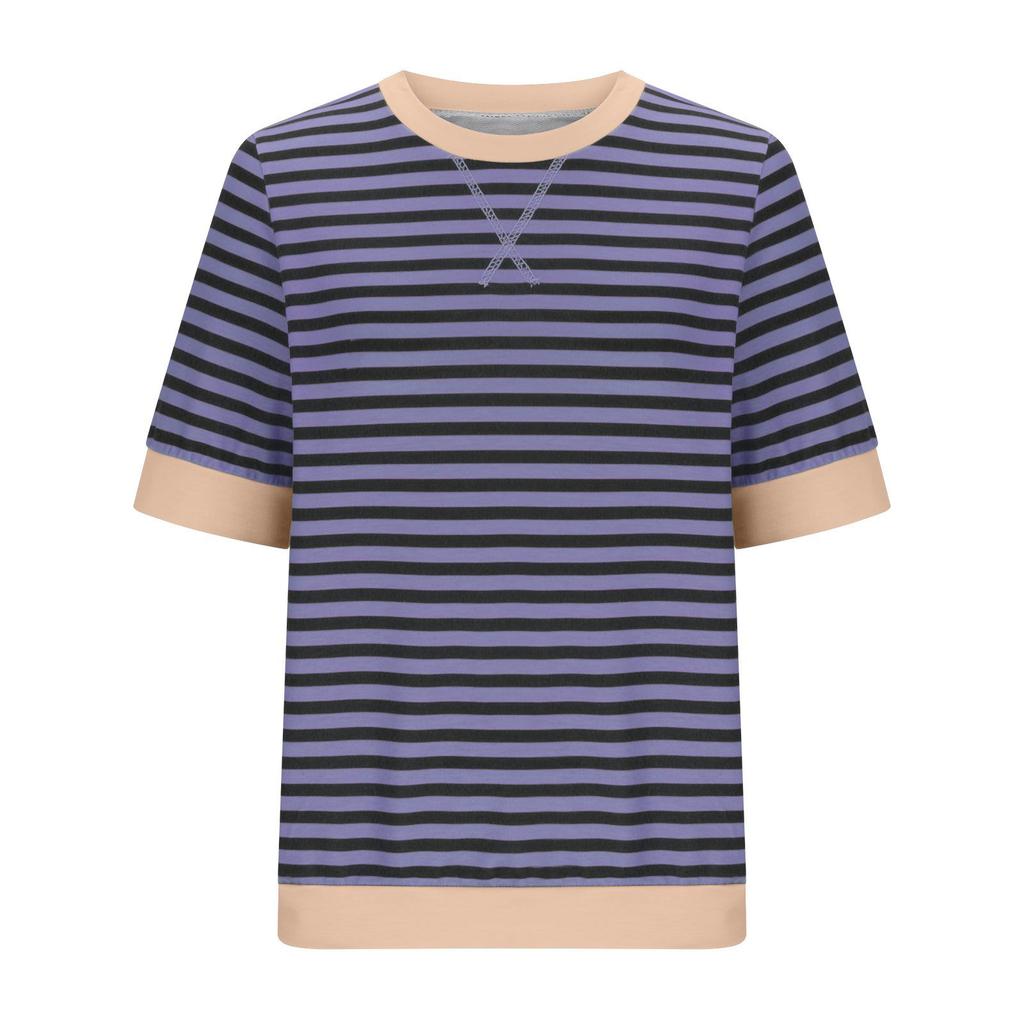 Women's Summer Striped Print Short Sleeve Round Neck T-Shirt Clothes Sale