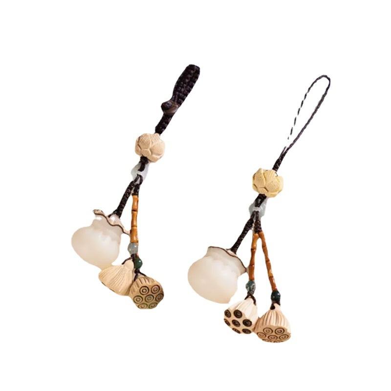 Recommended Boxwood Lotus Seed Bodhi Fortune Bag Car Keychain Mobile Phone Lanyard Short Vintage Pendant Ornament