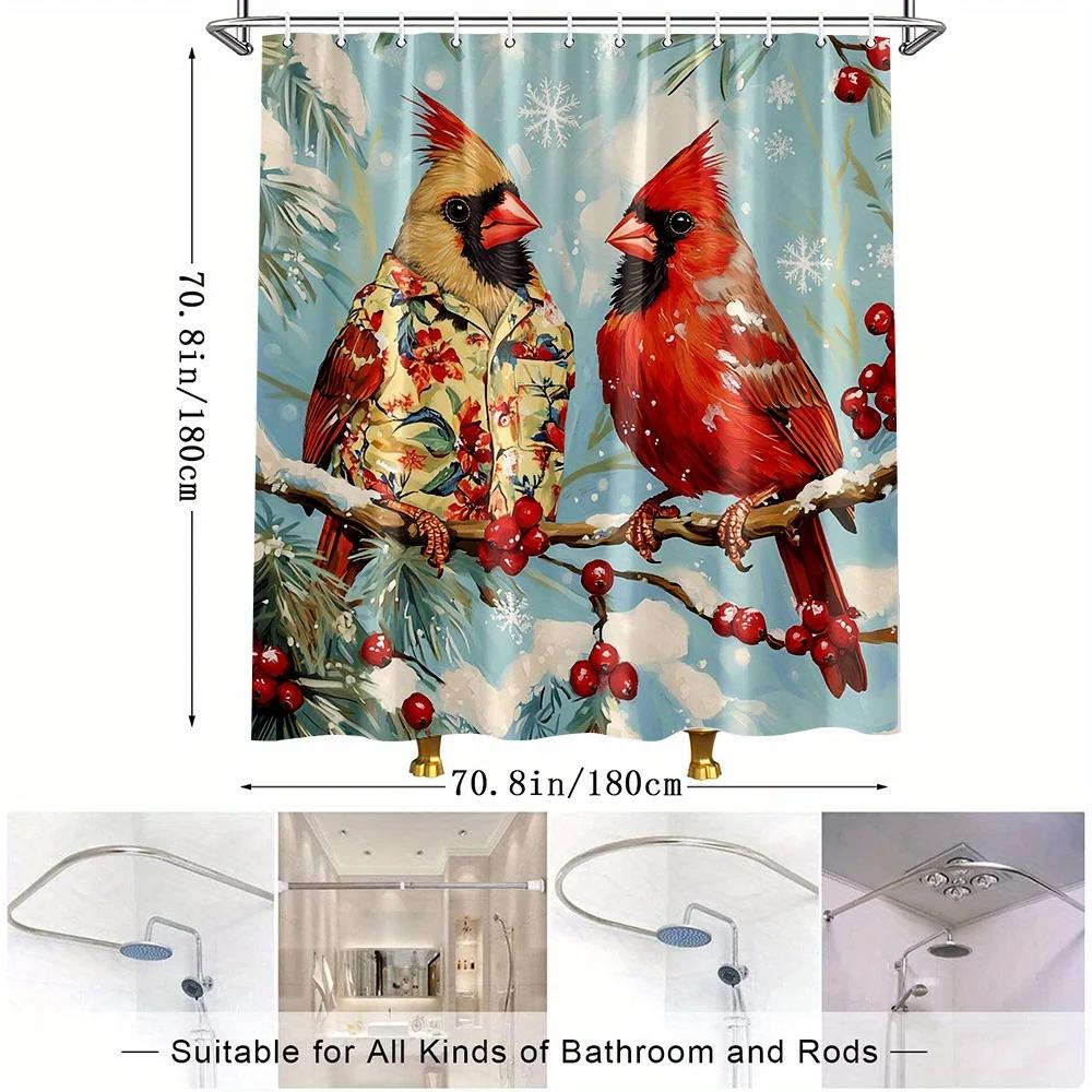 1pc Christmas Shower Curtain - Winter Snowy Cardinals on Berry Branch with Snowflakes Design, Polyester Fabric Bathroom Decor