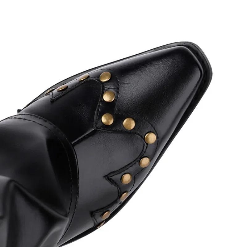 Fashion Metal Rivet Belt Buckle Western Cowboy Knee High Boots Fashion Square Headed Knight Boots Shiny Cool Spicy Girl Motorcycle Boots