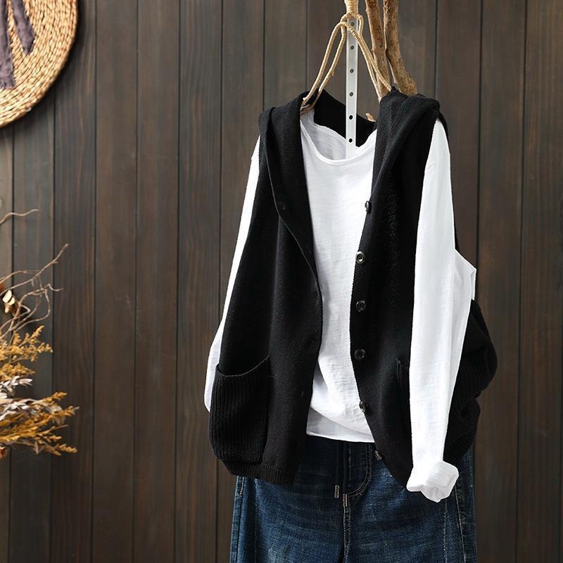 Women s Hooded Knitted Vest Casual Loose Double Outerwear oulder Autumn XXXL чёрный