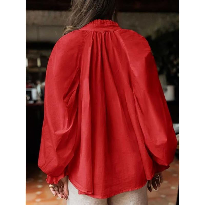 Spring and Autumn New Women's Elegant and Sweet Loose Casual Lantern Sleeve V-neck Ruffle Shirt