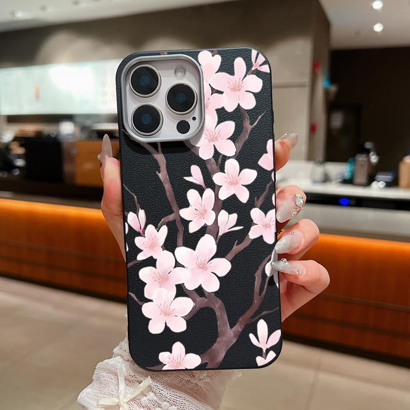 Hand-drawn Style Sakura Pattern Case For iPhone 17 Pro Max Leather Texture Soft Silicone Cover For iPhone 16 15 14 13 Pro 12 11 16E Air
