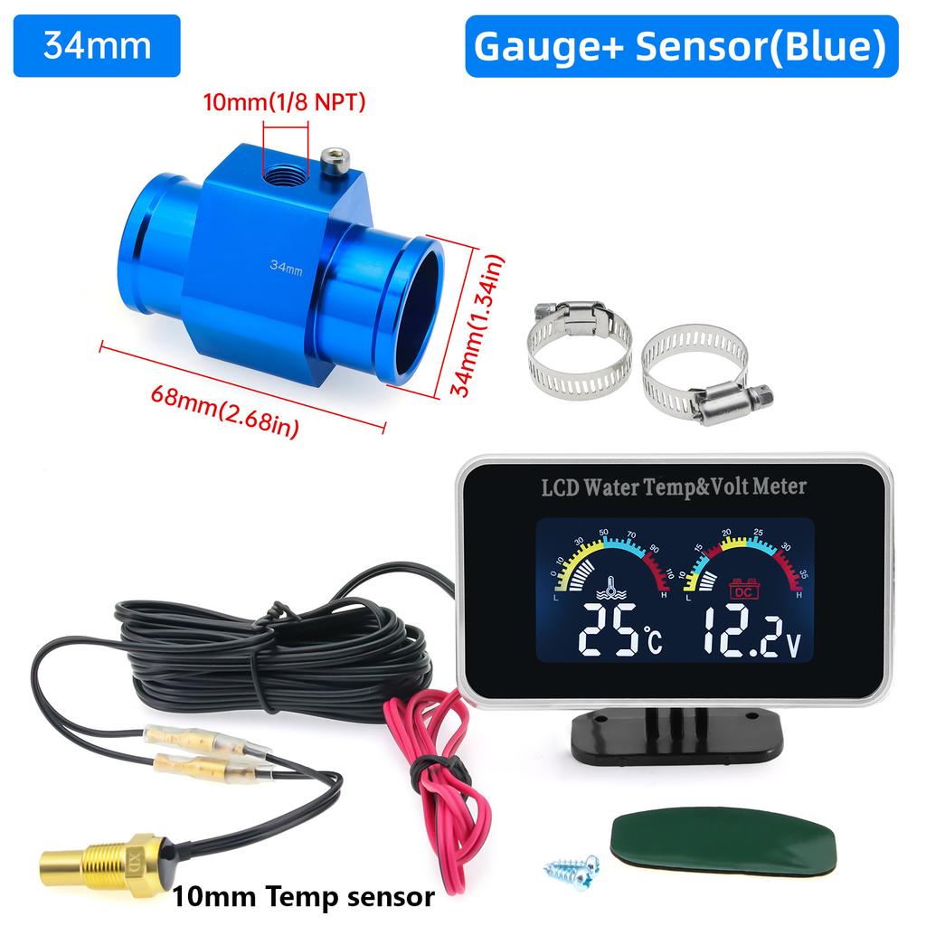 12V/24V Car Digital Water Temperature Gauge Water Temp VOLT Volmeter Joint Sensor Adapter 26-40MM(Optional) For Auto Trucks