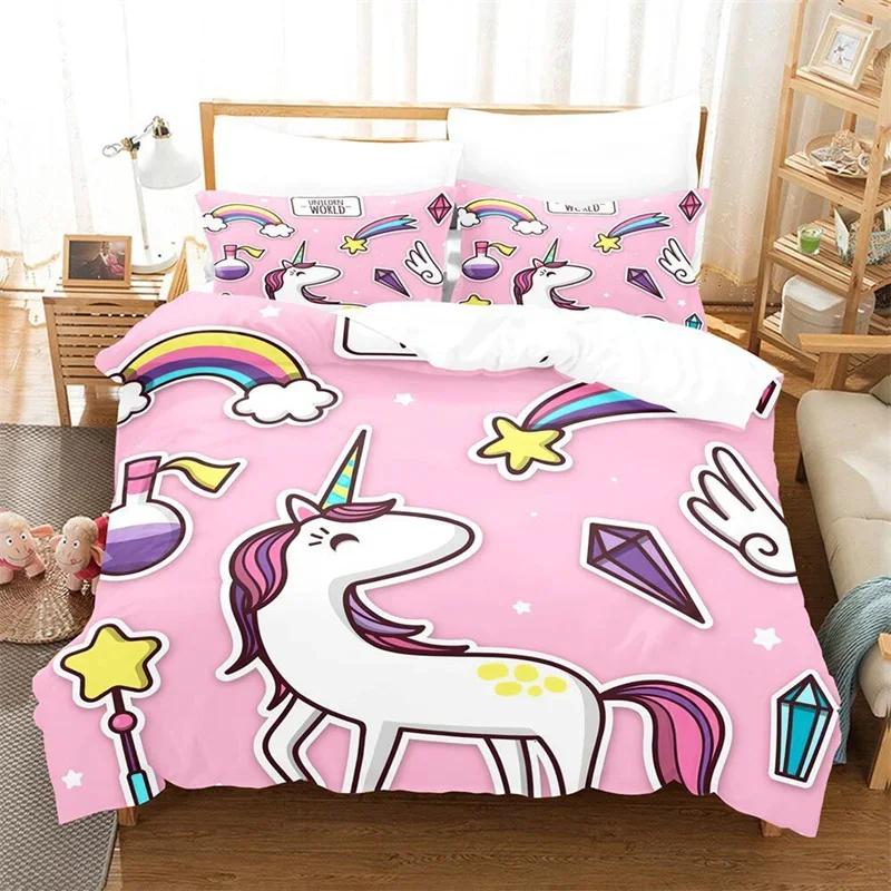 Comforter Girls Unicorn Full King Queen Size Microfiber Eyelashes Floral Comforter 3D Cartoon Bedding Set For Kids Teen