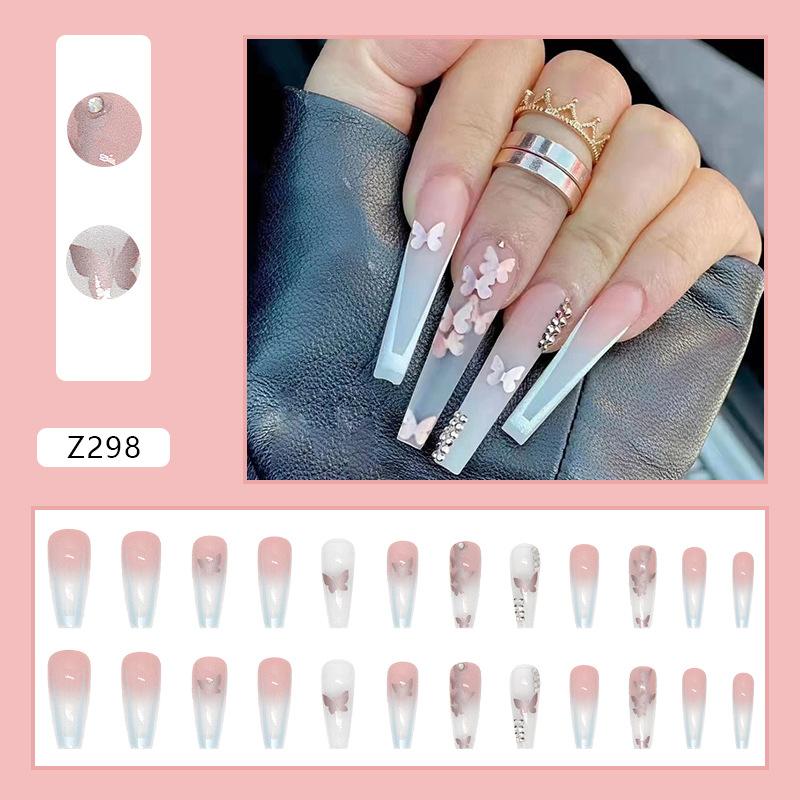 Butterfly broken diamond wearing nail long ballet nail shiny cocoa disassembly 24 pieces gradual change nail patch aurora