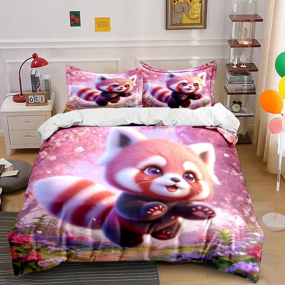 Grosstor Unisex Red Adorable Panda Under Cherry Blossoms Printed Duvet Cover Set1 Duvet Cover+2 Pillowcasemulti Size Bedroom Bedding Decor
