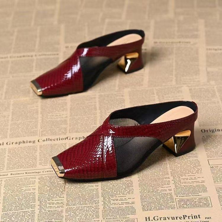 2025 summer French metal pointed middle heel half slippers women wear new commuter bag head sandals thick heel high heels