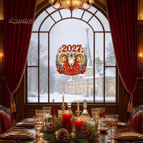 PVC Decorative Film 2027 Year Sheep Window Decal, Russian Happy New Static Sticker, Zodiac Flexible Shape Wall Decals Goat Glass Door Decor, Reusable