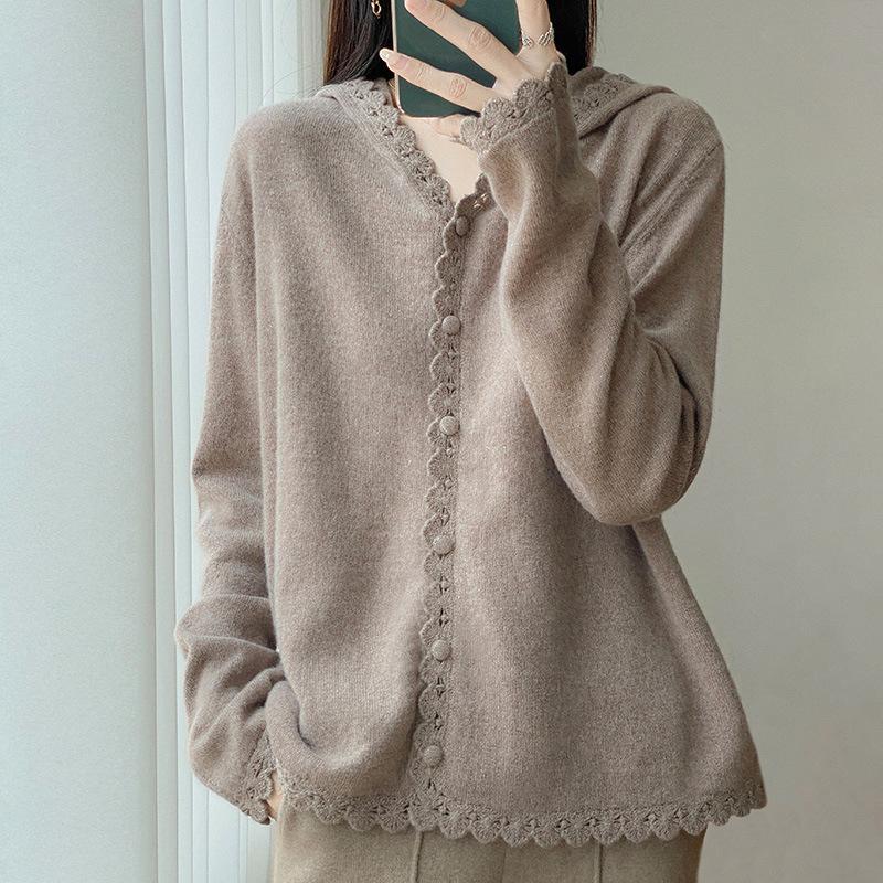 Autumn And Winter New Wool Lace Hooded Knitted Cardigan Bag Buckle Solid Color Loose Versatile Top Jacket