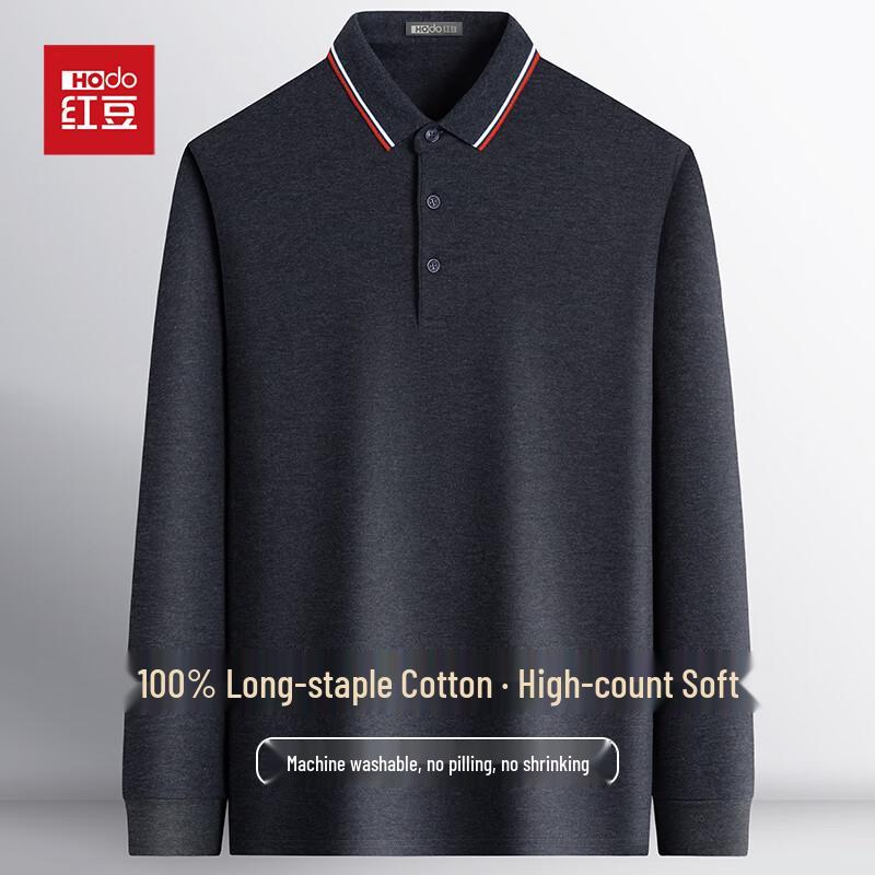 Hongdou Men's 100% Cotton Long-Sleeve Polo Shirt
