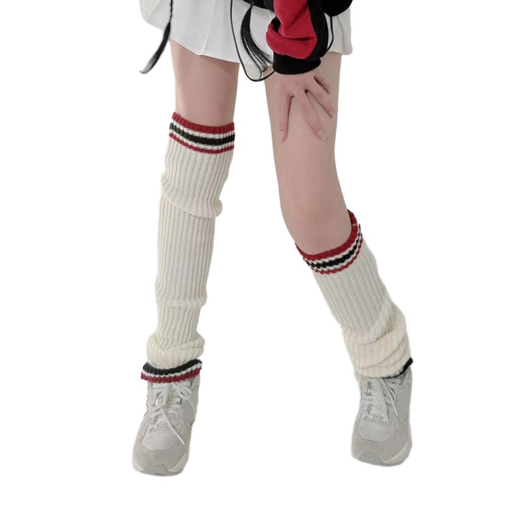 Women Ribbed Knit Leg Cover Preppy Double Striped Slouch Leg Warmers Long Socks