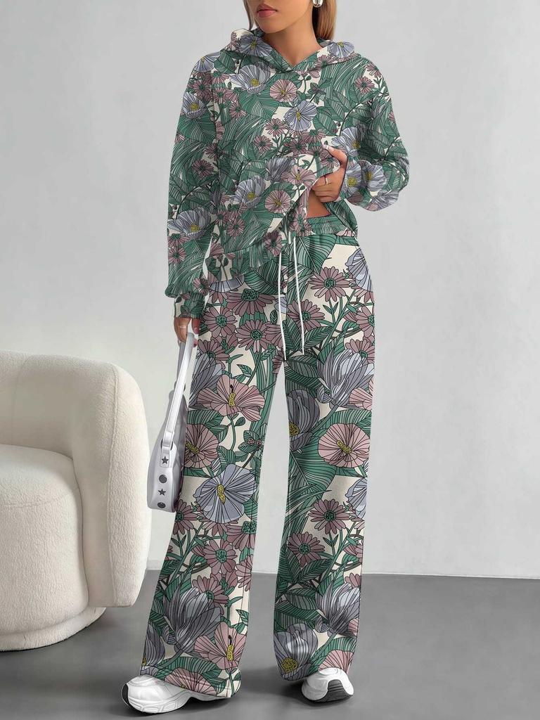 European, American Autumn and Winter Blue Flower Casual Long-sleeved Suit Women's Hooded Sweater Trousers Two-piece Set