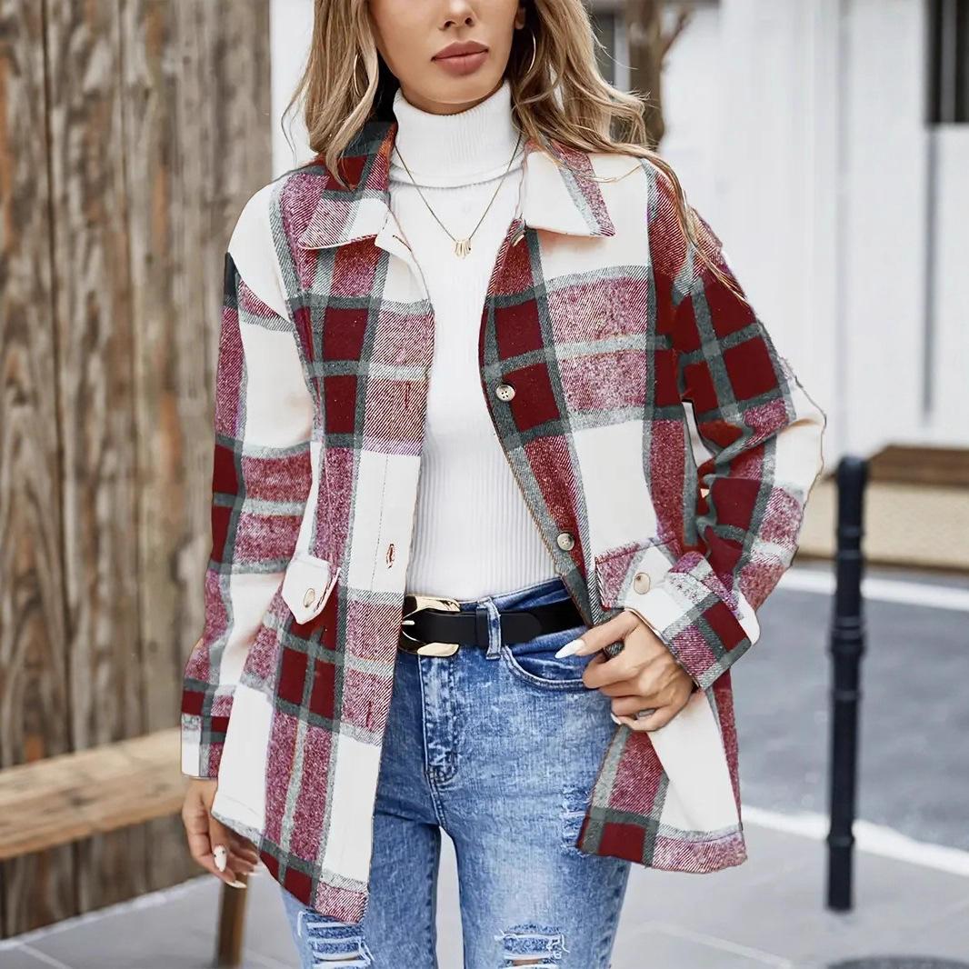 YYFS Damenmode Casual Plaid Print Herbst Winter Langarm Polokragen Jacken & Mäntel XL rot