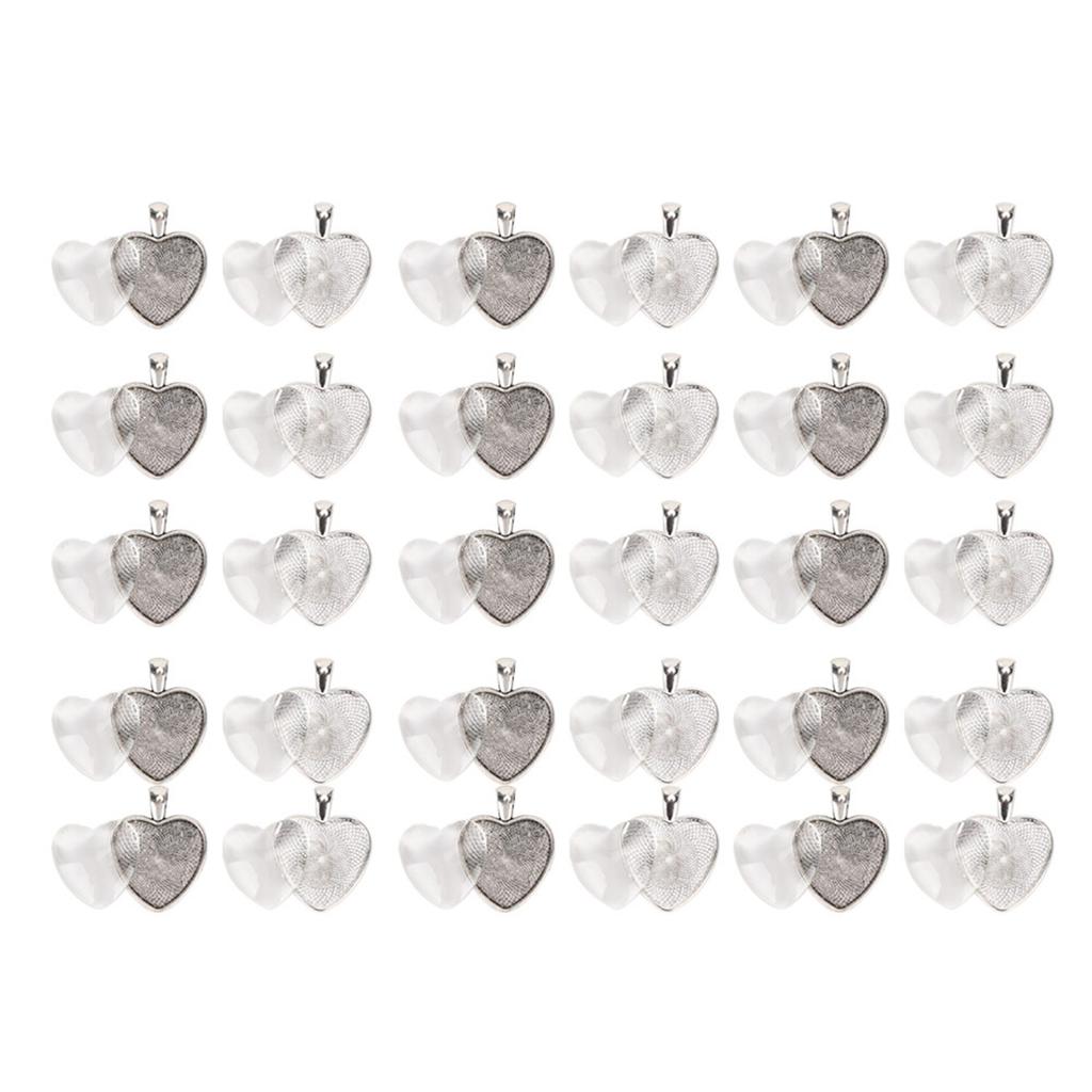 60pcs Pendant Trays Heart Shaped Pendant Setting Cabochon Base Setting with Glass Cabochon