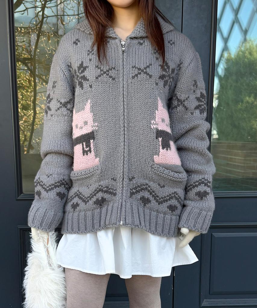 LETTERA Wool Cowichan Cat Knit Zip-Up_2Color