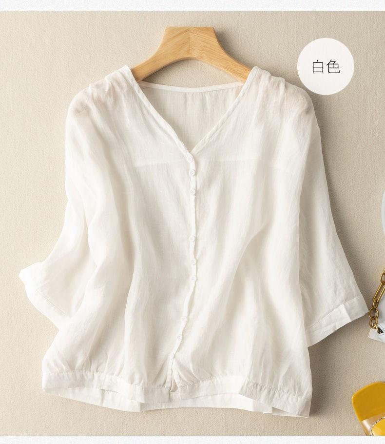 Summer New Literary and Retro Cotton and Linen V-neck T-shirt Half-sleeved Loose and Comfortable Large Size Thin Fashion Simple Top Women
