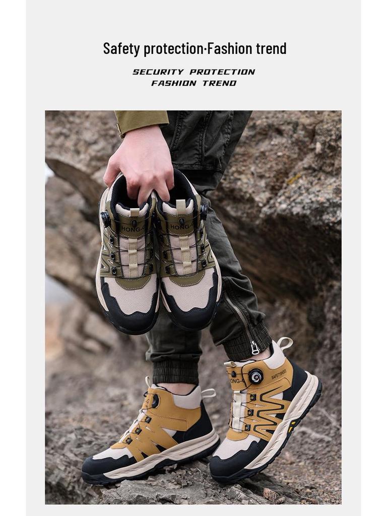 High-Top Safety Shoes with Rotating Button, Anti-Smash, Anti-Puncture, Wear-Resistant, No-Tie Laces